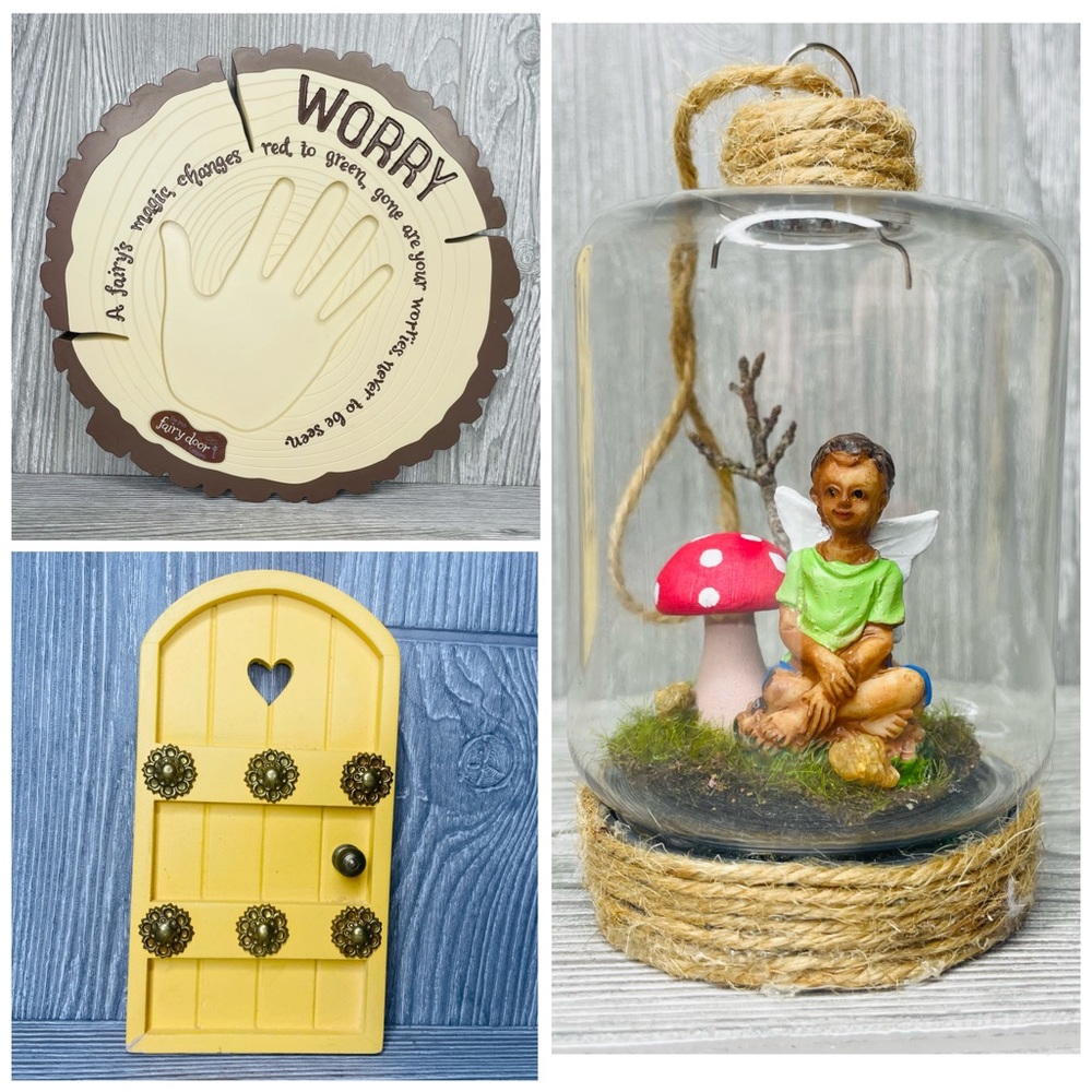 Fairy bundle door , worry tree ( changes colors ) & small fairy in a terrarium